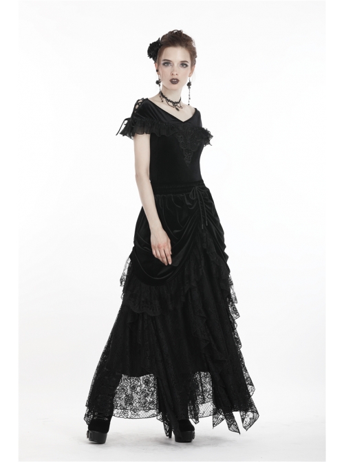 Off-Shoulder Front Chest Decals Lace Lace-Up Cuff Black Gothic Velvet T-Shirt