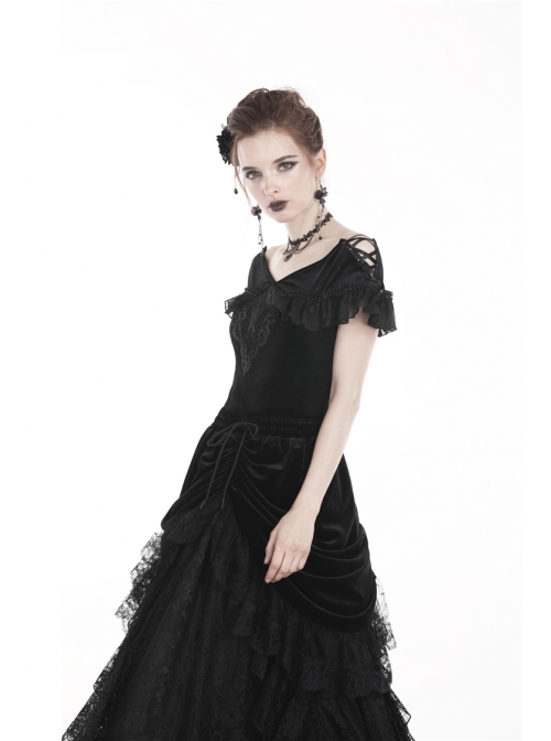 Off-Shoulder Front Chest Decals Lace Lace-Up Cuff Black Gothic Velvet T-Shirt