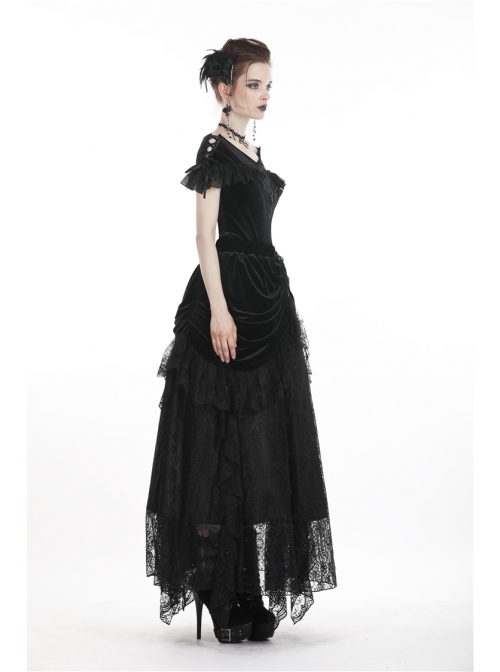 Off-Shoulder Front Chest Decals Lace Lace-Up Cuff Black Gothic Velvet T-Shirt