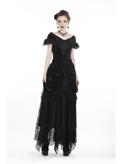 Off-Shoulder Front Chest Decals Lace Lace-Up Cuff Black Gothic Velvet T-Shirt