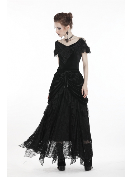 Off-Shoulder Front Chest Decals Lace Lace-Up Cuff Black Gothic Velvet T-Shirt