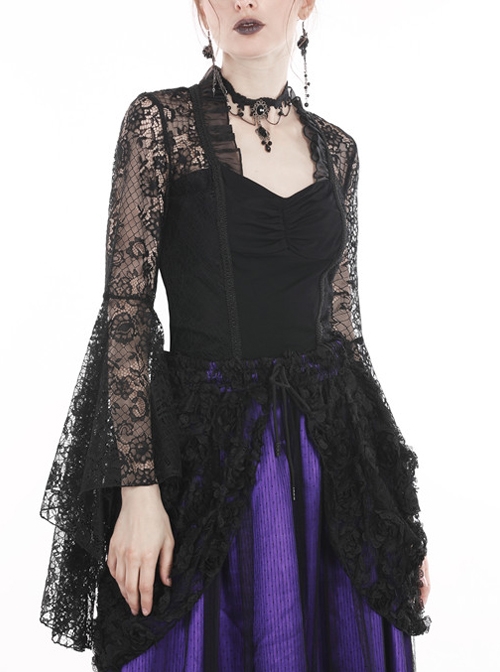 Black Gothic Gorgeous Lace Horn Sleeves Front Decals T-Shirt