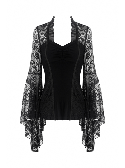 Black Gothic Gorgeous Lace Horn Sleeves Front Decals T-Shirt