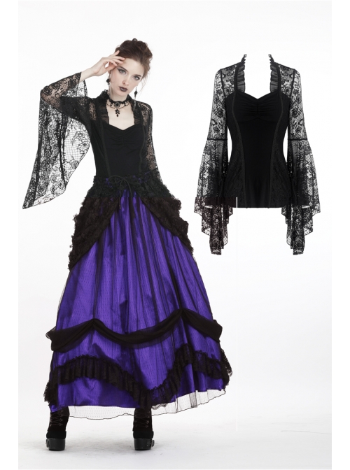 Black Gothic Gorgeous Lace Horn Sleeves Front Decals T-Shirt