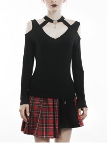 Off-Shoulder Metal Pendant Long Sleeve Black Punk Knit Halter T-Shirt