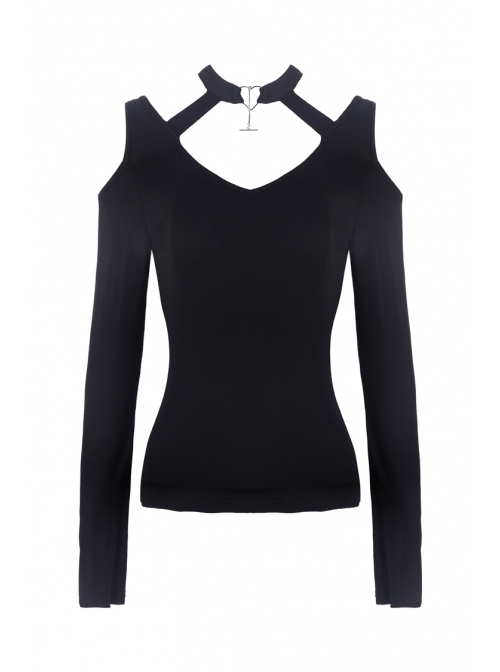 Off-Shoulder Metal Pendant Long Sleeve Black Punk Knit Halter T-Shirt