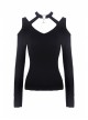Off-Shoulder Metal Pendant Long Sleeve Black Punk Knit Halter T-Shirt