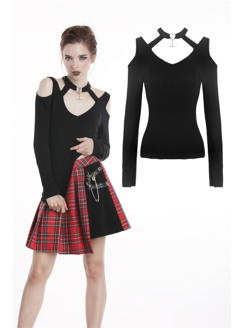 Off-Shoulder Metal Pendant Long Sleeve Black Punk Knit Halter T-Shirt