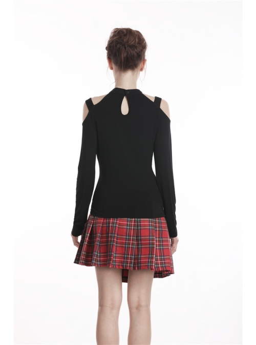 Off-Shoulder Metal Pendant Long Sleeve Black Punk Knit Halter T-Shirt
