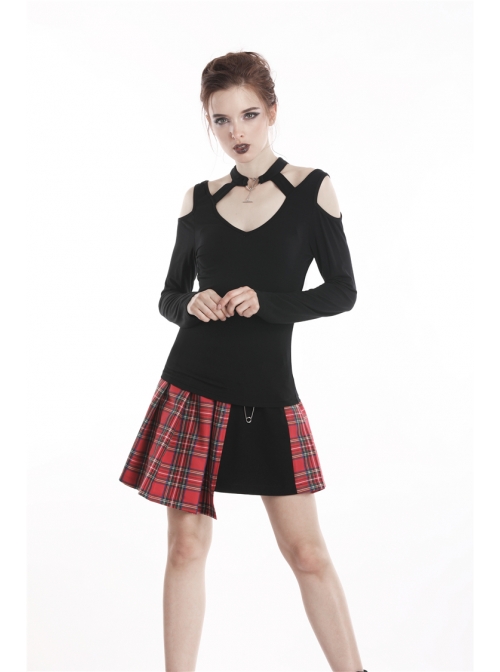 Off-Shoulder Metal Pendant Long Sleeve Black Punk Knit Halter T-Shirt