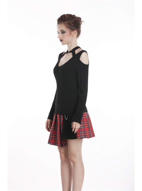 Off-Shoulder Metal Pendant Long Sleeve Black Punk Knit Halter T-Shirt
