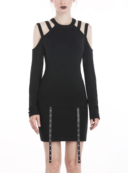 Off-Shoulder Long Sleeve Black Punk Knit Halter T-Shirt