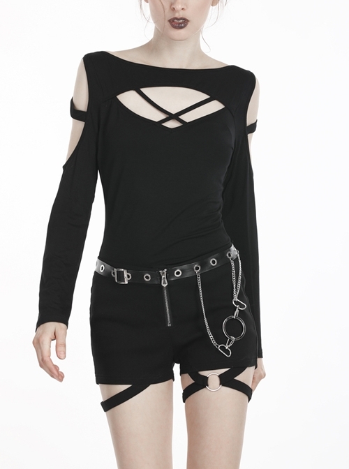 Off-Shoulder Front Chest Hollow-Out Bandage Long Sleeve Black Punk T-Shirt