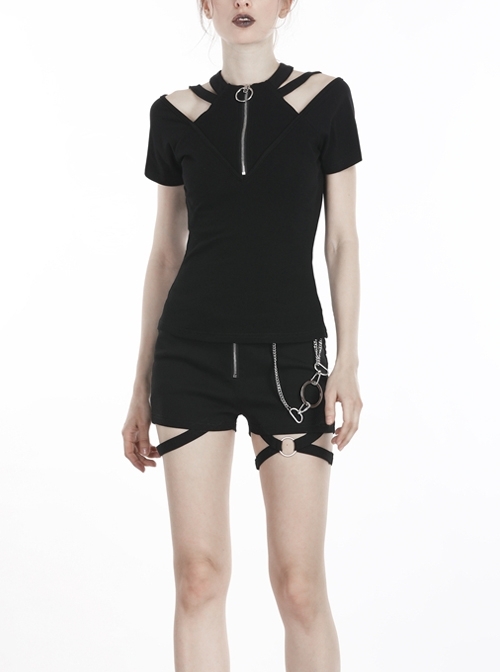 Front Metal Zipper Off-Shoulder Bandage Short Sleeve Black Punk T-Shirt
