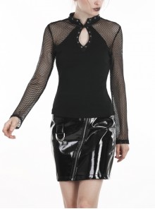 Metal Eyelets Stand-Up Collar Front Chest Hollow-Out Mesh Long Sleeve Black Punk T-Shirt