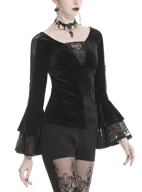 V-Neck Front Chest Lace Decals Flare Sleeve Black Gothic Velvet T-Shirt