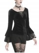 V-Neck Front Chest Lace Decals Flare Sleeve Black Gothic Velvet T-Shirt