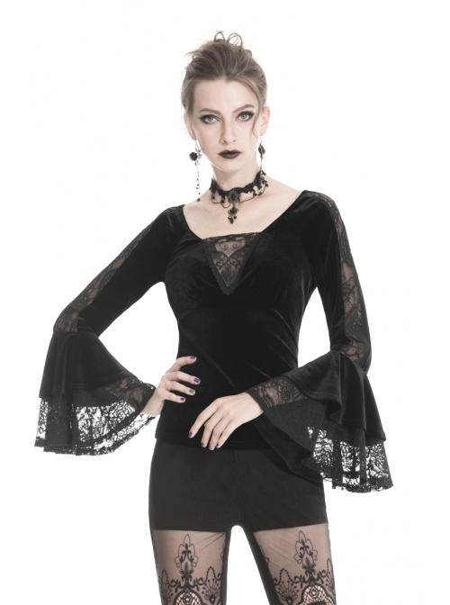 V-Neck Front Chest Lace Decals Flare Sleeve Black Gothic Velvet T-Shirt