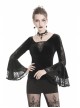 V-Neck Front Chest Lace Decals Flare Sleeve Black Gothic Velvet T-Shirt