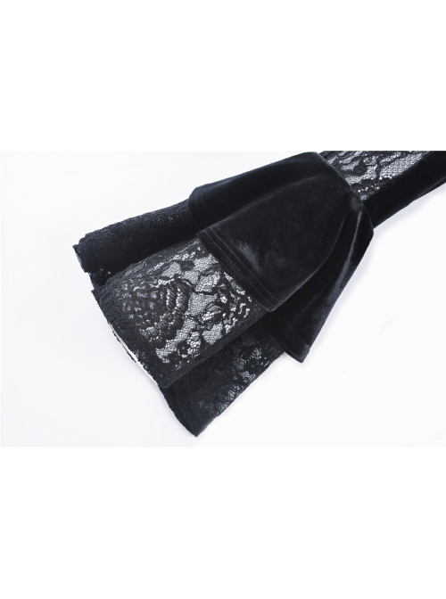 V-Neck Front Chest Lace Decals Flare Sleeve Black Gothic Velvet T-Shirt