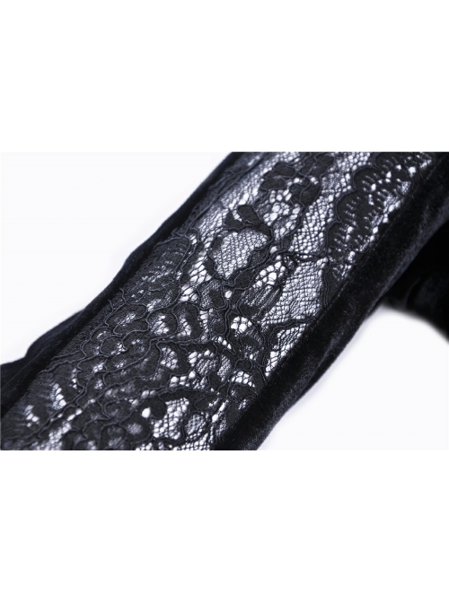 V-Neck Front Chest Lace Decals Flare Sleeve Black Gothic Velvet T-Shirt