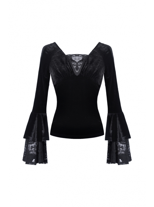 V-Neck Front Chest Lace Decals Flare Sleeve Black Gothic Velvet T-Shirt
