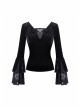 V-Neck Front Chest Lace Decals Flare Sleeve Black Gothic Velvet T-Shirt