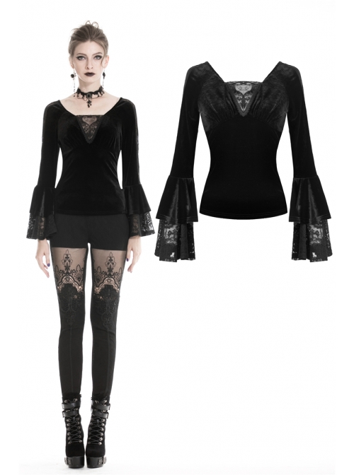 V-Neck Front Chest Lace Decals Flare Sleeve Black Gothic Velvet T-Shirt