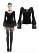V-Neck Front Chest Lace Decals Flare Sleeve Black Gothic Velvet T-Shirt