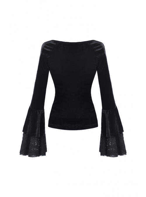 V-Neck Front Chest Lace Decals Flare Sleeve Black Gothic Velvet T-Shirt