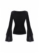 V-Neck Front Chest Lace Decals Flare Sleeve Black Gothic Velvet T-Shirt