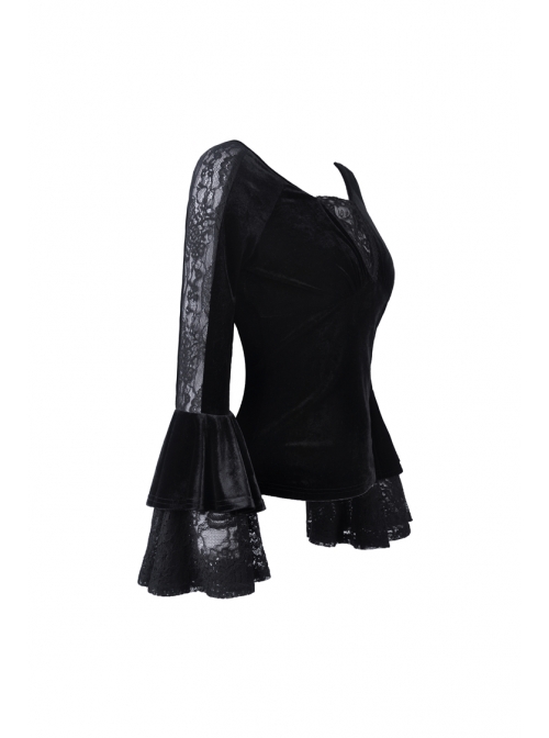 V-Neck Front Chest Lace Decals Flare Sleeve Black Gothic Velvet T-Shirt