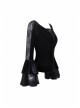 V-Neck Front Chest Lace Decals Flare Sleeve Black Gothic Velvet T-Shirt