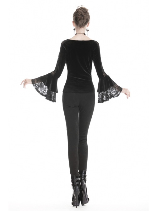 V-Neck Front Chest Lace Decals Flare Sleeve Black Gothic Velvet T-Shirt