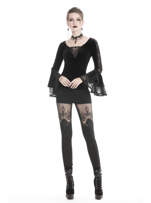 V-Neck Front Chest Lace Decals Flare Sleeve Black Gothic Velvet T-Shirt