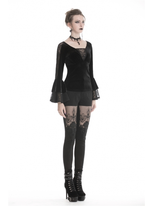 V-Neck Front Chest Lace Decals Flare Sleeve Black Gothic Velvet T-Shirt