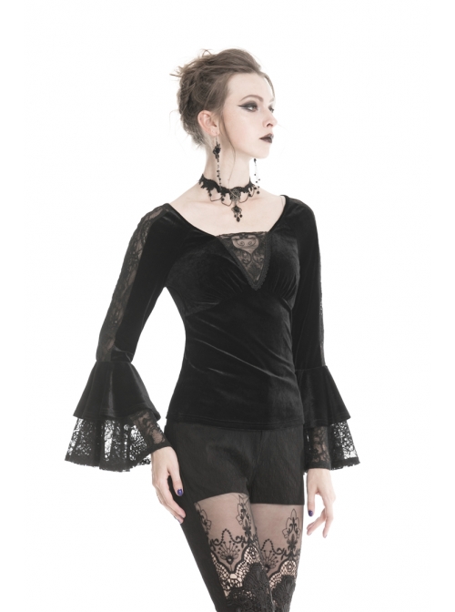 V-Neck Front Chest Lace Decals Flare Sleeve Black Gothic Velvet T-Shirt