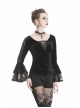 V-Neck Front Chest Lace Decals Flare Sleeve Black Gothic Velvet T-Shirt