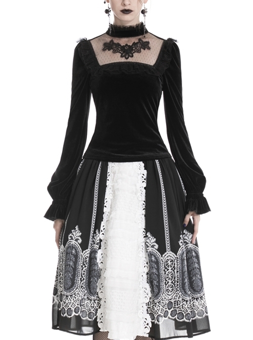 High Collar Front Chest Splice Embroidery Mesh Frill Cuff Black Gothic Velvet T-Shirt