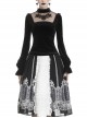 High Collar Front Chest Splice Embroidery Mesh Frill Cuff Black Gothic Velvet T-Shirt