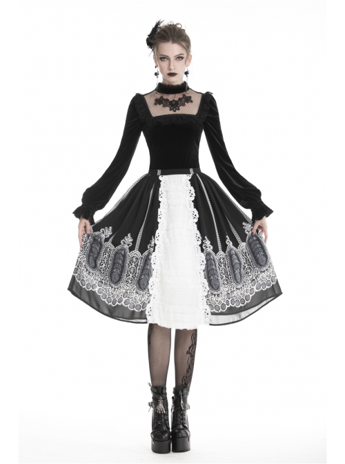 High Collar Front Chest Splice Embroidery Mesh Frill Cuff Black Gothic Velvet T-Shirt