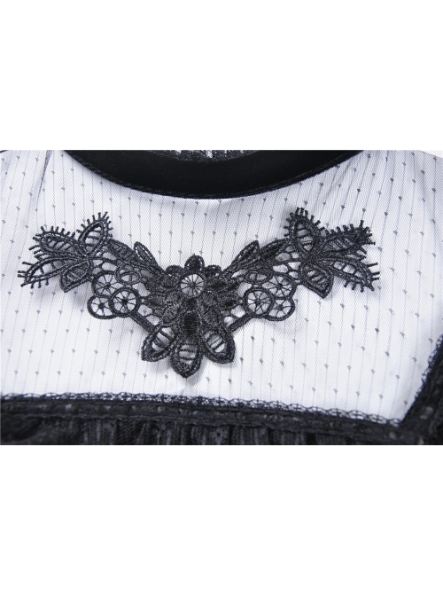 High Collar Front Chest Splice Embroidery Mesh Frill Cuff Black Gothic Velvet T-Shirt