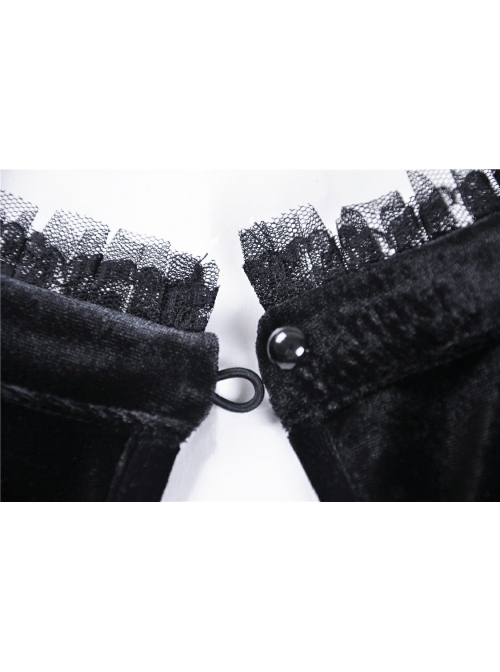 High Collar Front Chest Splice Embroidery Mesh Frill Cuff Black Gothic Velvet T-Shirt