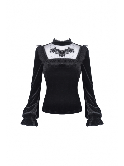 High Collar Front Chest Splice Embroidery Mesh Frill Cuff Black Gothic Velvet T-Shirt