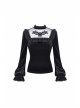 High Collar Front Chest Splice Embroidery Mesh Frill Cuff Black Gothic Velvet T-Shirt