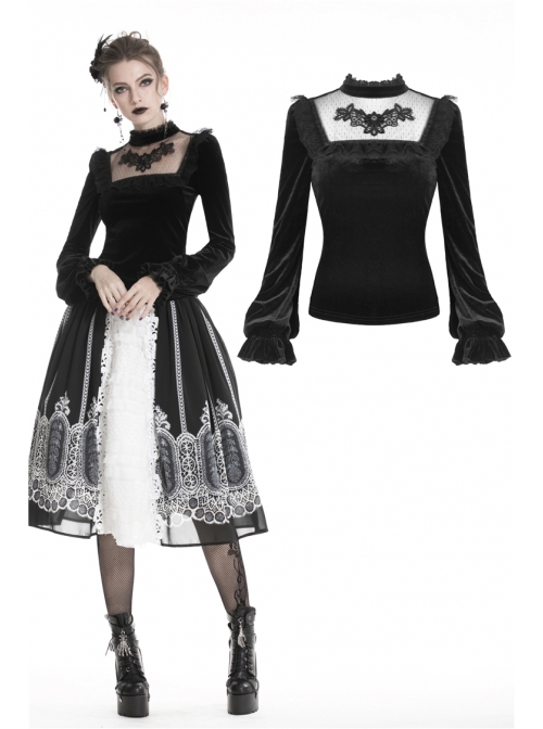 High Collar Front Chest Splice Embroidery Mesh Frill Cuff Black Gothic Velvet T-Shirt