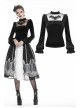 High Collar Front Chest Splice Embroidery Mesh Frill Cuff Black Gothic Velvet T-Shirt