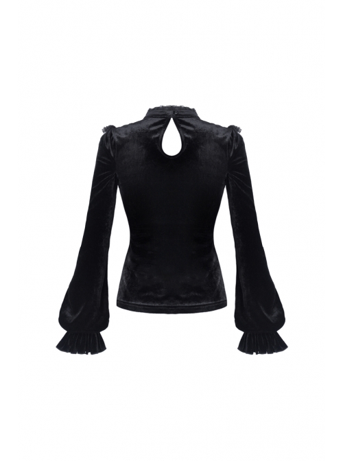 High Collar Front Chest Splice Embroidery Mesh Frill Cuff Black Gothic Velvet T-Shirt