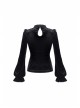 High Collar Front Chest Splice Embroidery Mesh Frill Cuff Black Gothic Velvet T-Shirt