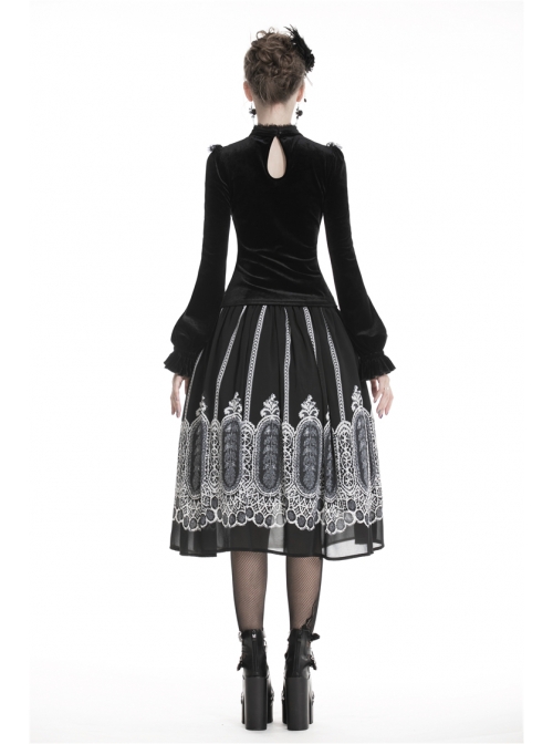 High Collar Front Chest Splice Embroidery Mesh Frill Cuff Black Gothic Velvet T-Shirt